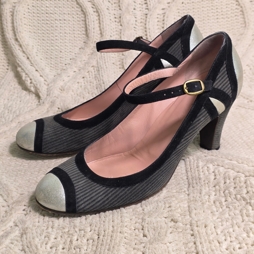 Marc Jacobs Mary Jane Pumps Gray Silver Suede Colorblock Corduroy‎ Womens 40